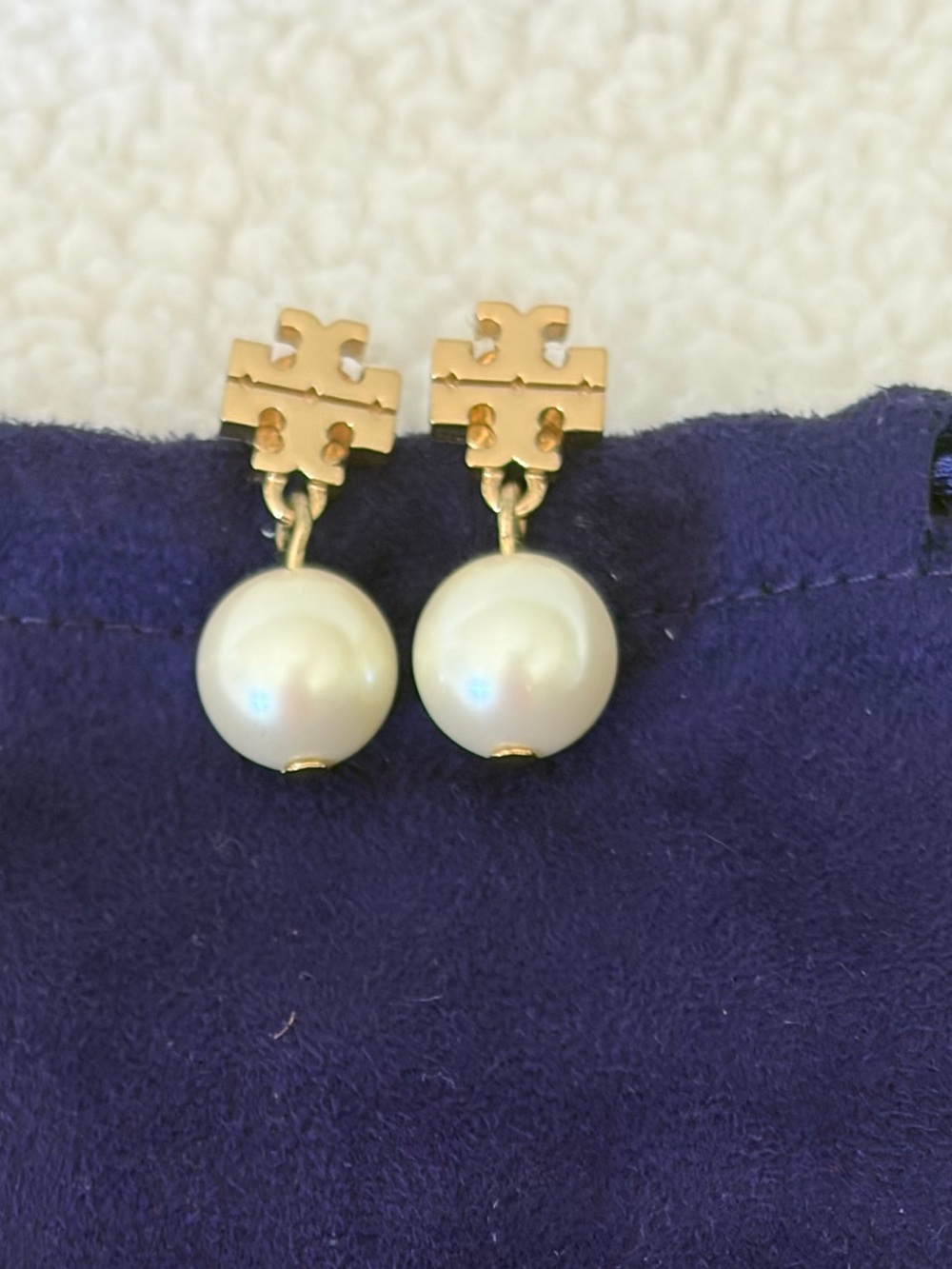 Tory Burch Gold Logo and Pearl Drop Earrings & Pouch